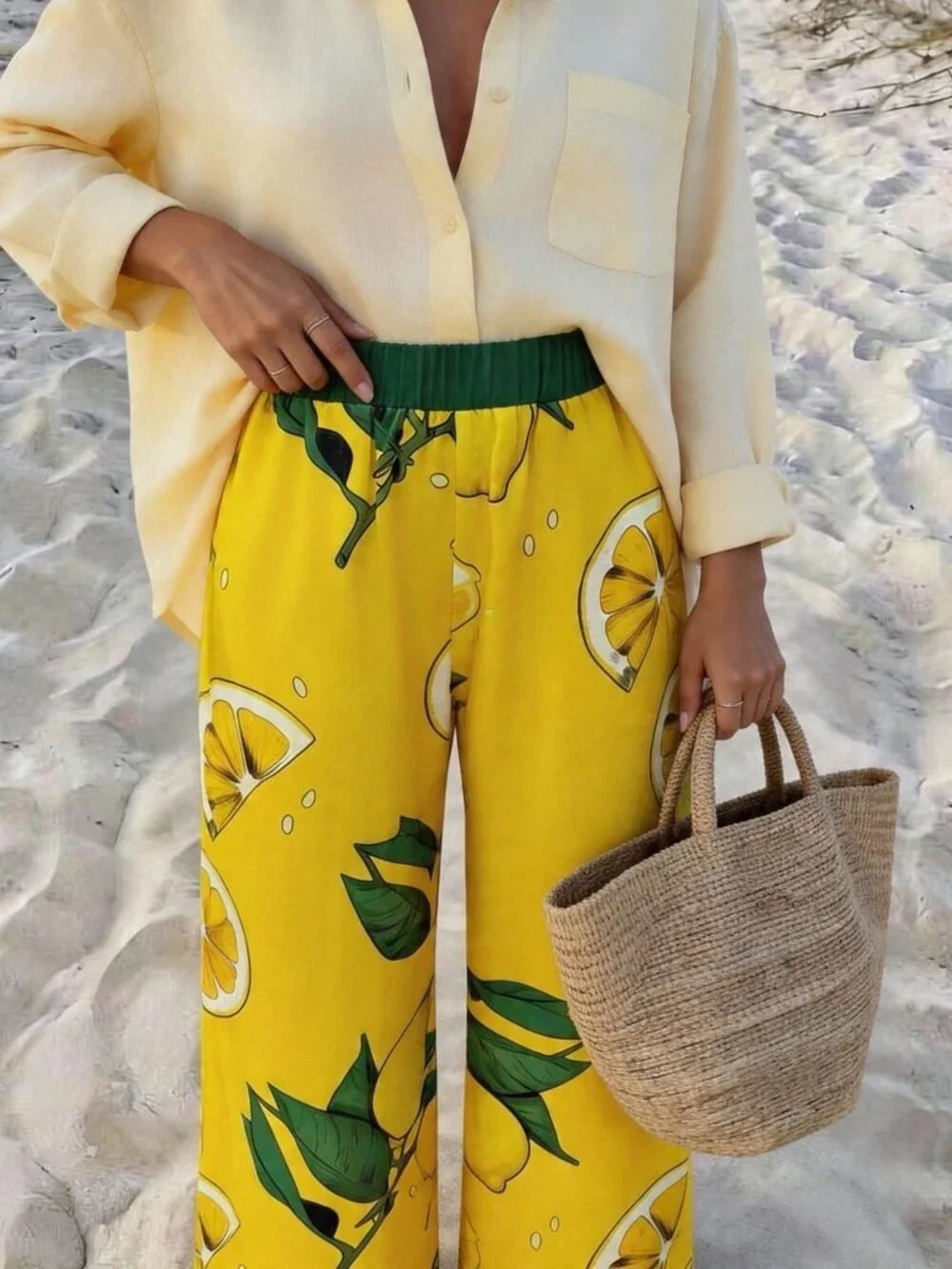 Yellow Casual Women's Lemon Print Pants